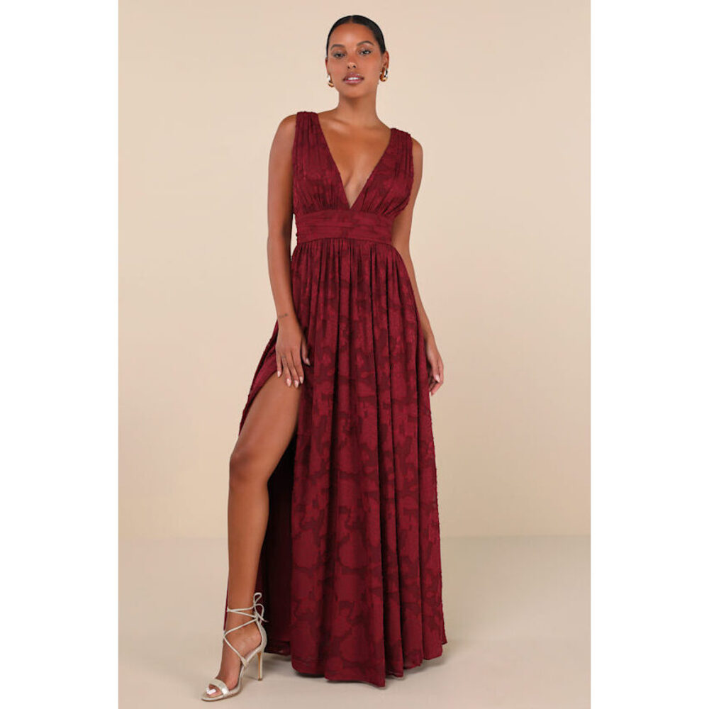Lulus Sweet Sophistication Burgundy Burnout Floral Maxi Dress Red - Size M